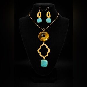 Tiger eye, Gold and Turquoise Pendant Necklace and Earring Set